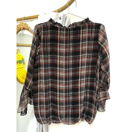 Brown plaid flare sleeve top【00899】