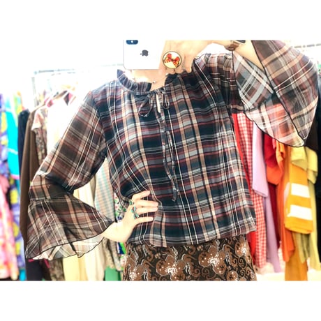 Brown plaid flare sleeve top【00899】