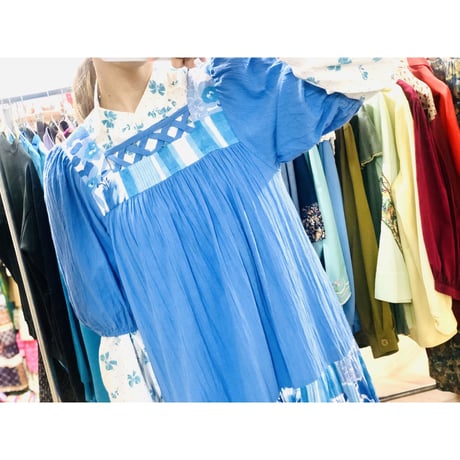 80s Balloon sleeve cotton dress【00863】