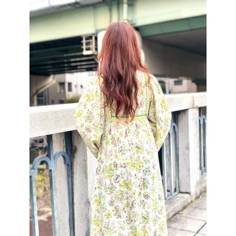 70s Floral flare sleeve maxi dress【01076】