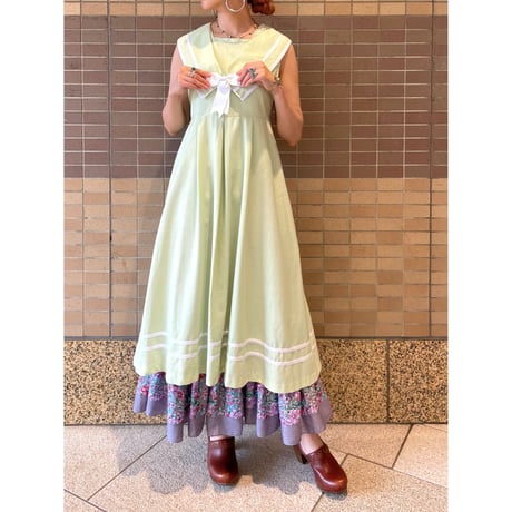 80s Lime green sailor collar dress【00312】