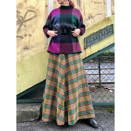 80s Plaid Mock Neck Sweater【00544】