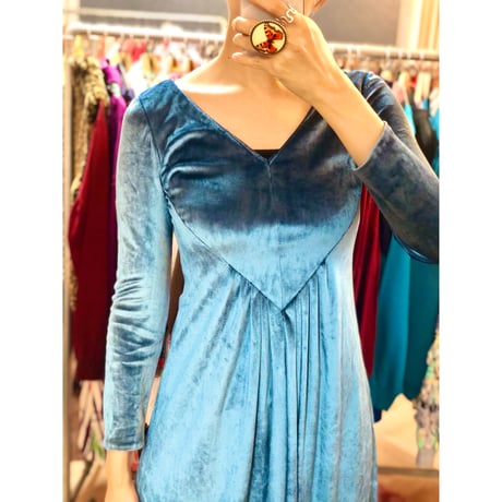 70s Blue velor maxi dress【01056】