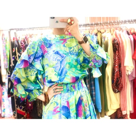80s MONTAGE NIGHT watercolor ruffle dress【00976】