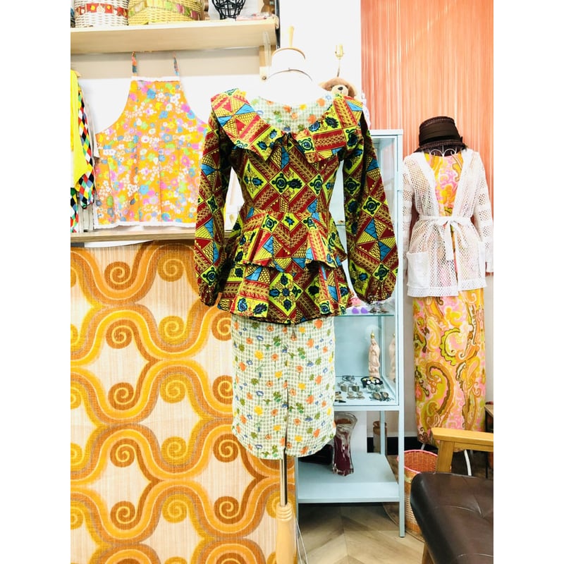 Green peplum african batik top【01178】 | Vintage