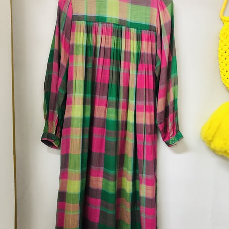 70s Plaid indian cotton dress【00627】