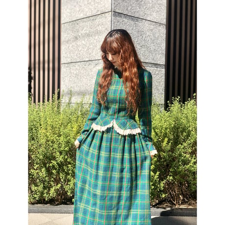 70s Green plaid wool maxi dress【01228】