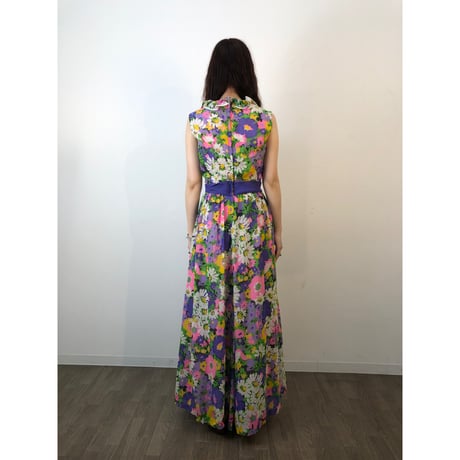 70s Purple floral sleeveless maxi dress【01313】