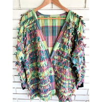 90s Green plaid fringe jacket【01325】