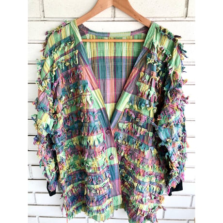 90s Green plaid fringe jacket【01325】