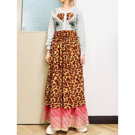 80s indian rayon leopard dress【00927】