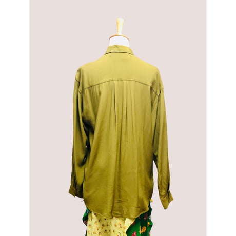 80s Green rayon blouse【00427】