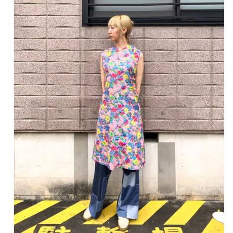 70s Pink floral sleeveless dress【01494】
