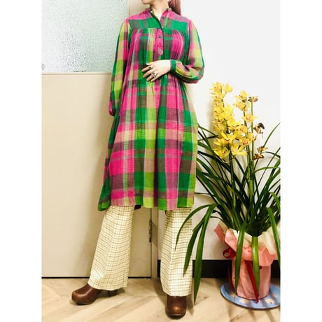 70s Plaid indian cotton dress【00627】