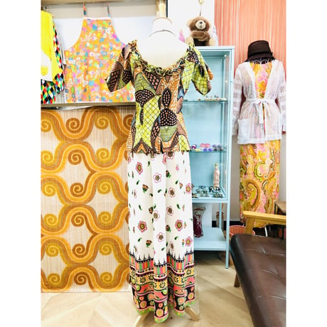 Vintage yellow african batik top【01177】