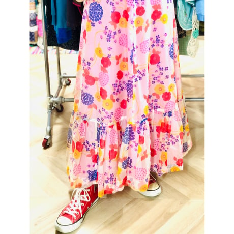 70s Hawaiian sheer maxi dress【00830】