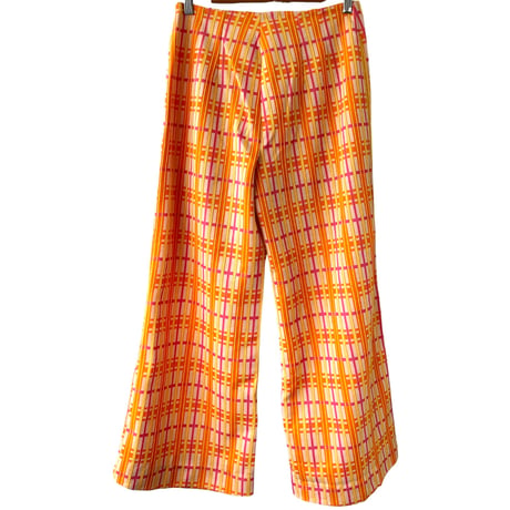 60-70s Orange plaid poly pants【01329】