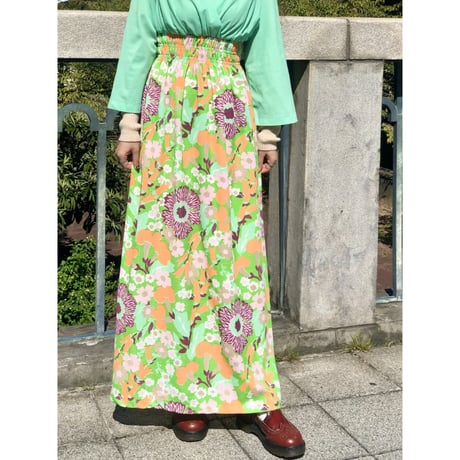 70s Green and floral maxi dress【01229】