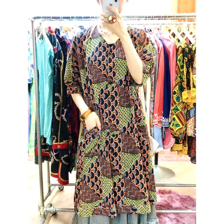 Orange×Yellow African batik dress【01188】