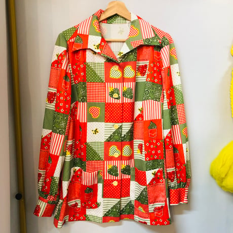 70s Patchwork printed poly blouse 【01090】