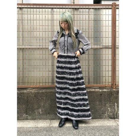 70s MISS K Black plaid maxi dress【01389】