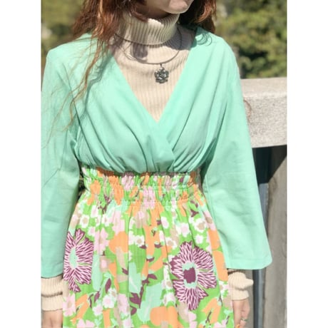 70s Green and floral maxi dress【01229】