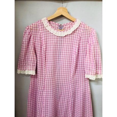 70s Purple gingham maxi dress with bonnet【00926】