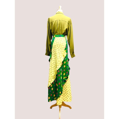 80s Green rayon blouse【00427】