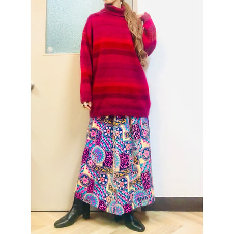 80s Pink border knit sweater【01058】