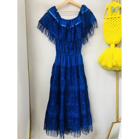 70s Blue mexican dress【00694】