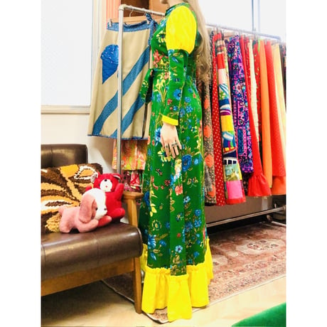 70s Bugs and Flower maxi dress【01036】