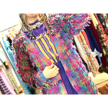 80-90s Pink plaid fringe jacket【01258】