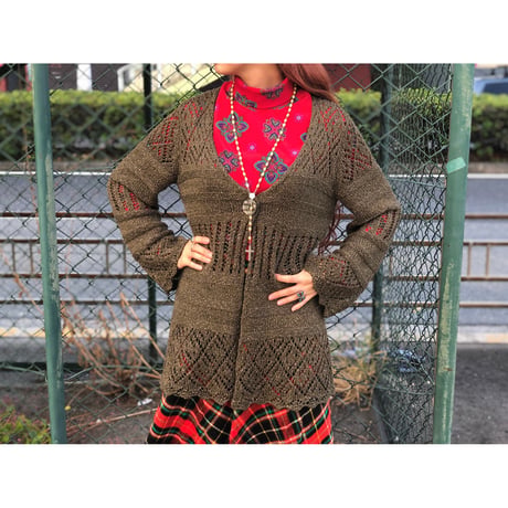 Vintage moss green knit cardigan【00418】