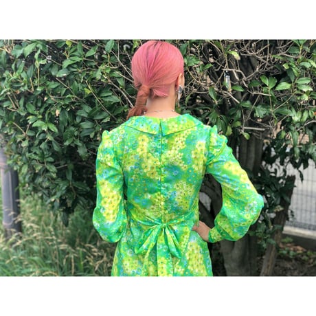 70s Lime green ｍaxi dress【00397】