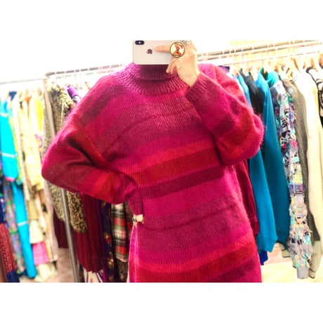 80s Pink border knit sweater【01058】