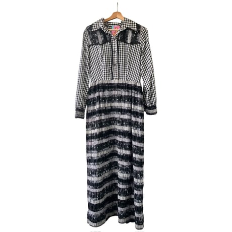 70s MISS K Black plaid maxi dress【01389】