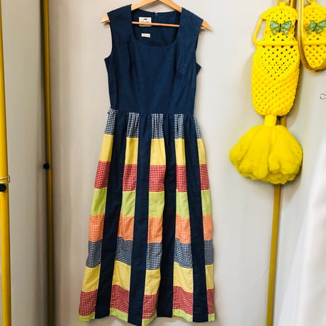 70s Sleeveless patchwork maxi dress【01101】