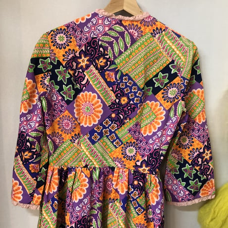 60s Psychedelic floral maxi wrap dress【01246】