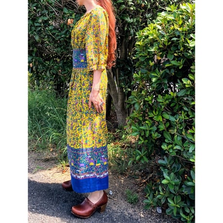 70s Yellow gauze dress【00327】