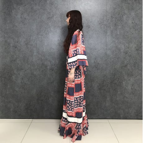 70s Bandana hippie maxi dress【01465】