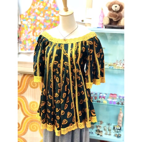 Vintage Black×Orange african batik tunic【01189】