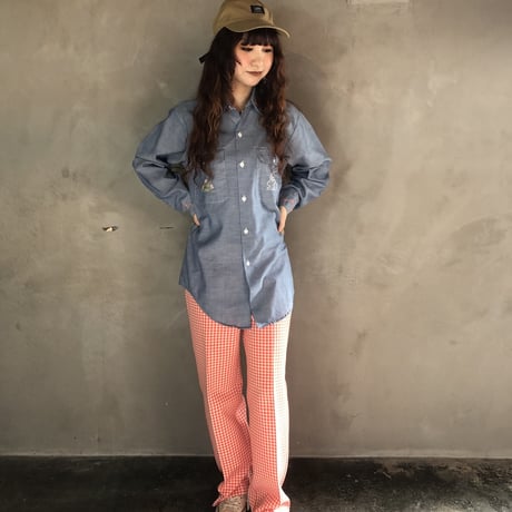 70s Red & White gingham poly pants【01290】