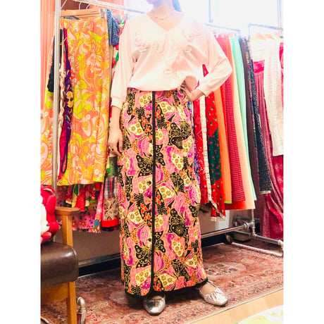 60-70s Pink quilted maxi skirt【01107】