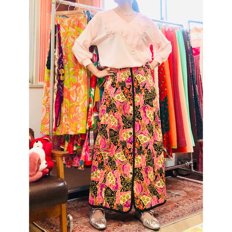 60-70s Pink quilted maxi skirt【01107】
