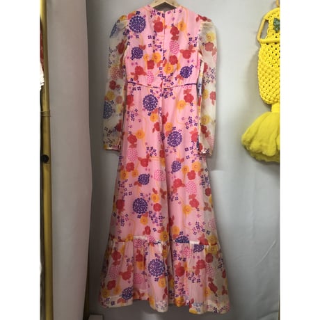 70s Hawaiian sheer maxi dress【00830】