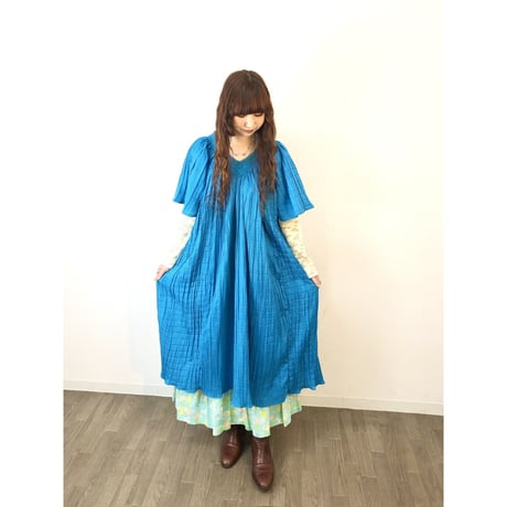 Vintage blue pleats dress【01321】