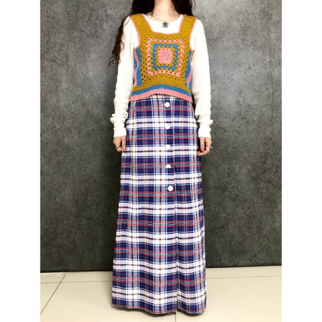 70s Blue plaid maxi skirt【01453】