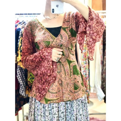 Vintage flare sleeve silk top【01198】