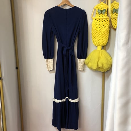 70s Navy prairie maxi dress【01224】