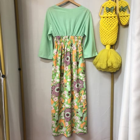 70s Green and floral maxi dress【01229】